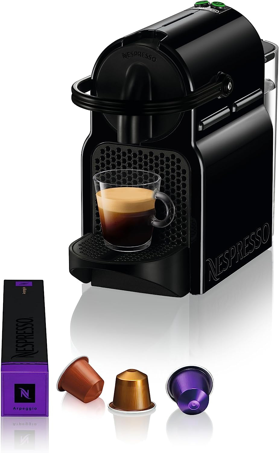Macchina per caffè espresso a capsule Nespresso De'Longhi EN 80.B Inissia, pompa ad alta pressione e funzione di risparmio energetico, spegnimento automatico dopo 9 minuti, volume della tazza per espresso e lungo, serbatoio dell'acqua da 0,7 l, nero