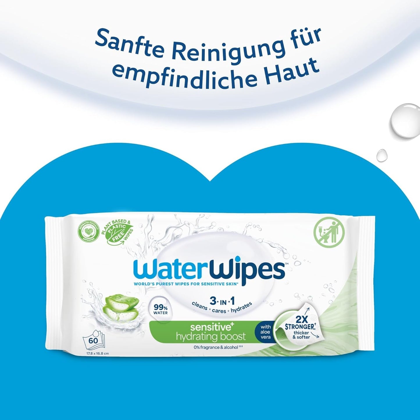 Salviette umidificate WaterWipes Sensitive+ Hydrating Boost, salviette idratanti, 720 unità (confezione da 12), 3 in 1 per pulire, curare, idratare, acqua di aloe vera al 99%, salviette per neonati senza profumazione