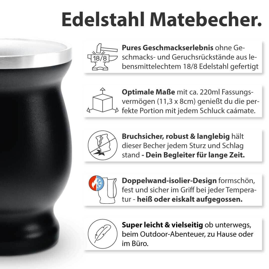 Set da tè Mate Bio ● 3 assortimenti di Mate + Tazza Mate in acciaio inossidabile a doppia parete + Bombilla + Istruzioni per la preparazione (Nero)