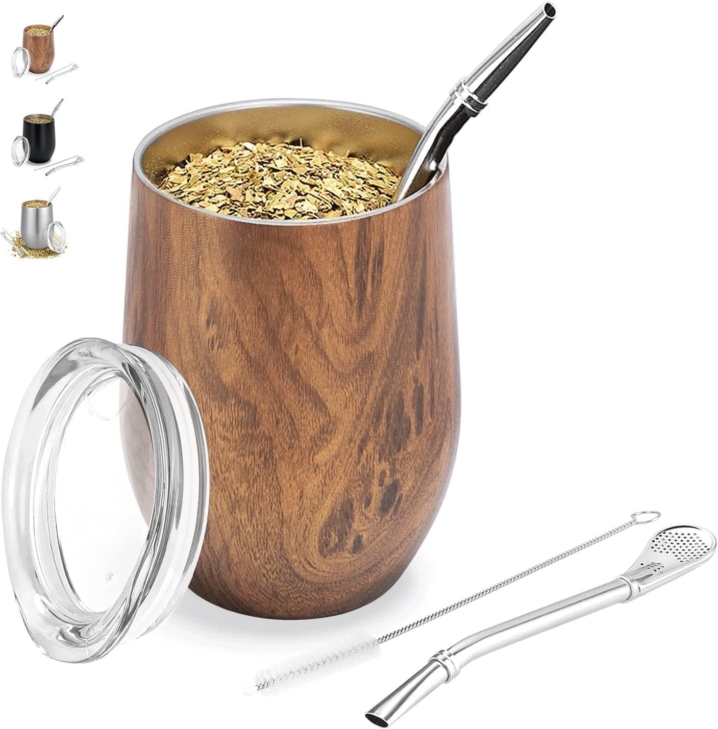Tazza Modern Mate da 340 ml, Set di Tazze Yerba Mate in Acciaio Inossidabile a Doppia Parete coibentato, Tazza da tè Mate con Coperchio Senza BPA, Bombillas e una Spazzola per la Pulizia (Argento)