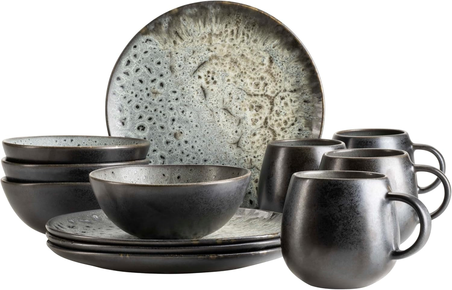 MÄSER Carellia set da colazione da 12 pezzi - ceramica dal Portogallo - smalto reattivo - 4 piatti da dessert 23 cm, 4 ciotole 15 cm, 4 tazze da caffè 430 ml - lavabili in lavastoviglie e microonde, grigio