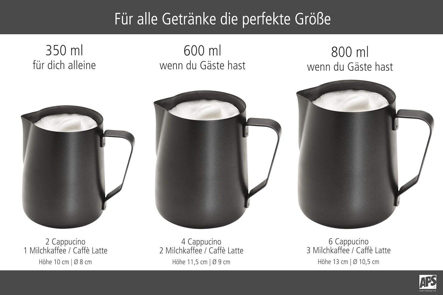 Caraffa per latte APS - Caraffa per latte di alta qualità con rivestimento antiaderente, in acciaio inossidabile - Perfetto per montare la schiuma di latte - Caraffa universale, nera, 600 ml