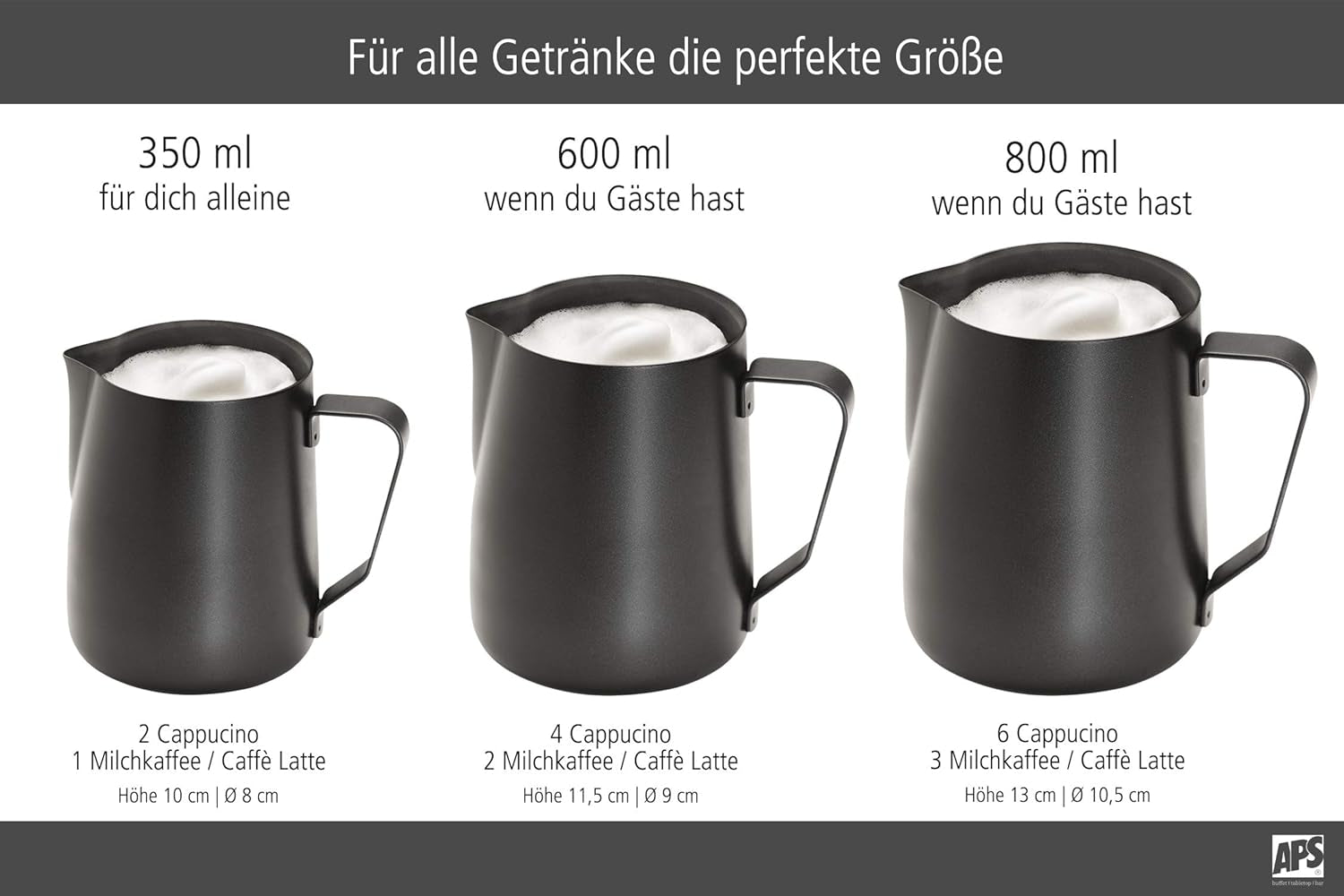 Caraffa per latte APS - Caraffa per latte di alta qualità con rivestimento antiaderente, in acciaio inossidabile - Perfetto per montare la schiuma di latte - Caraffa universale, nera, 600 ml
