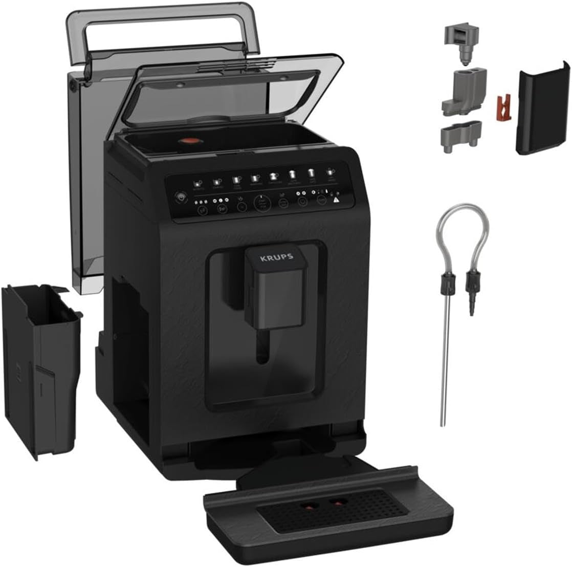 Macchina per caffè espresso automatica Krups EA897B Evidence ECOdesign, funzione automatica espresso e cappuccino, tecnologia Quattro Force, tazze per il latte one-touch, 8 preimpostazioni, sistema del latte, 1450 W