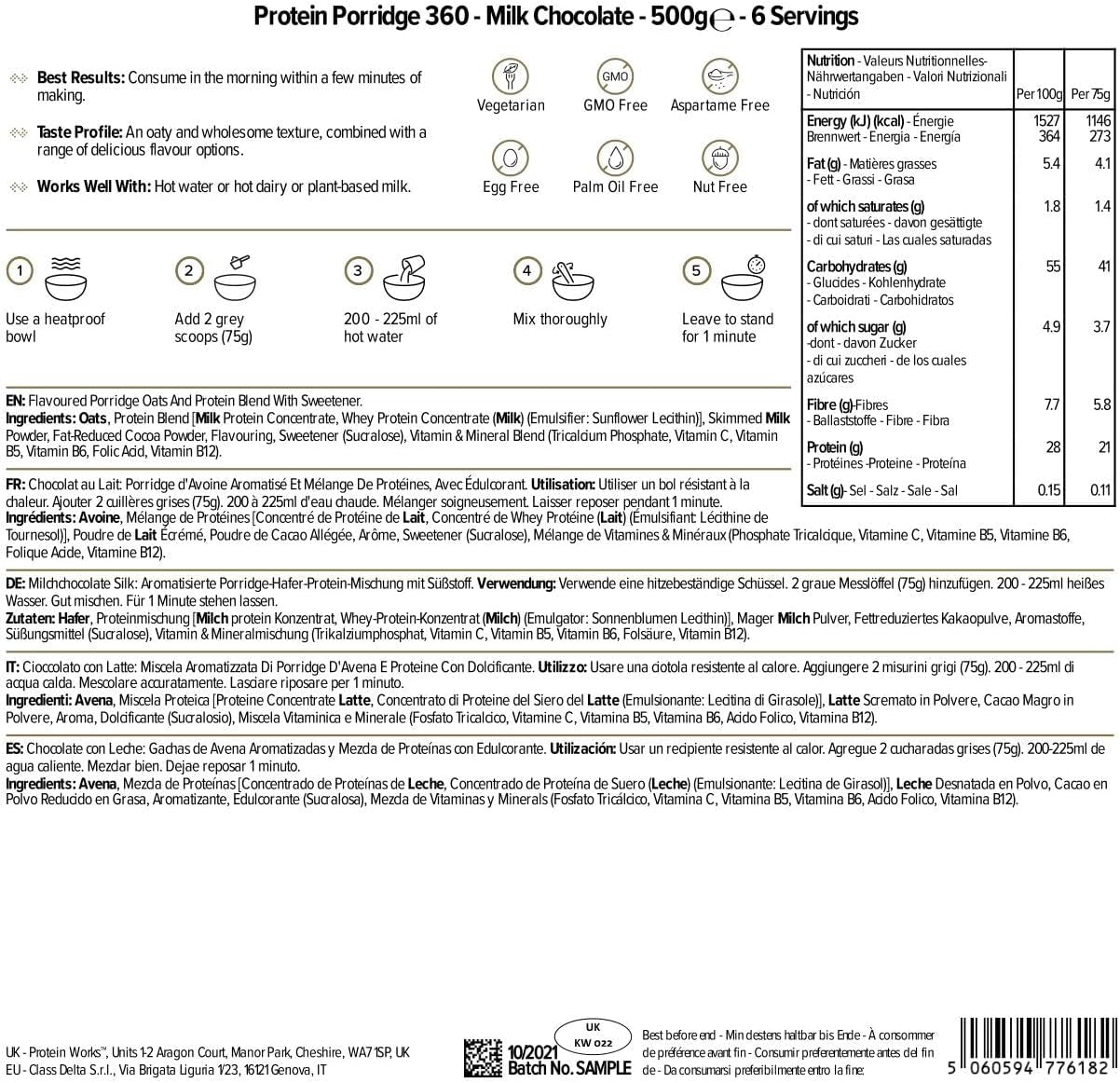 Protein Works - Porridge Proteico 360 | Mito Ulteriori vitamine e minerali | Proteinreiches Frühstück | Kalorienarme Haferflocken | 6 porzioni | Cioccolato al latte 500G Cereal Naty Shop