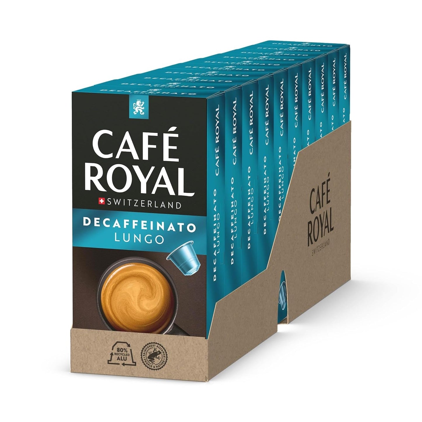 Café Royal Lungo Decaffeinato – Capsule di caffè compatibili Nespresso®, 100% Arabica, Intensità 5/12, Rainforest Alliance, decaffeinato, 100 capsule