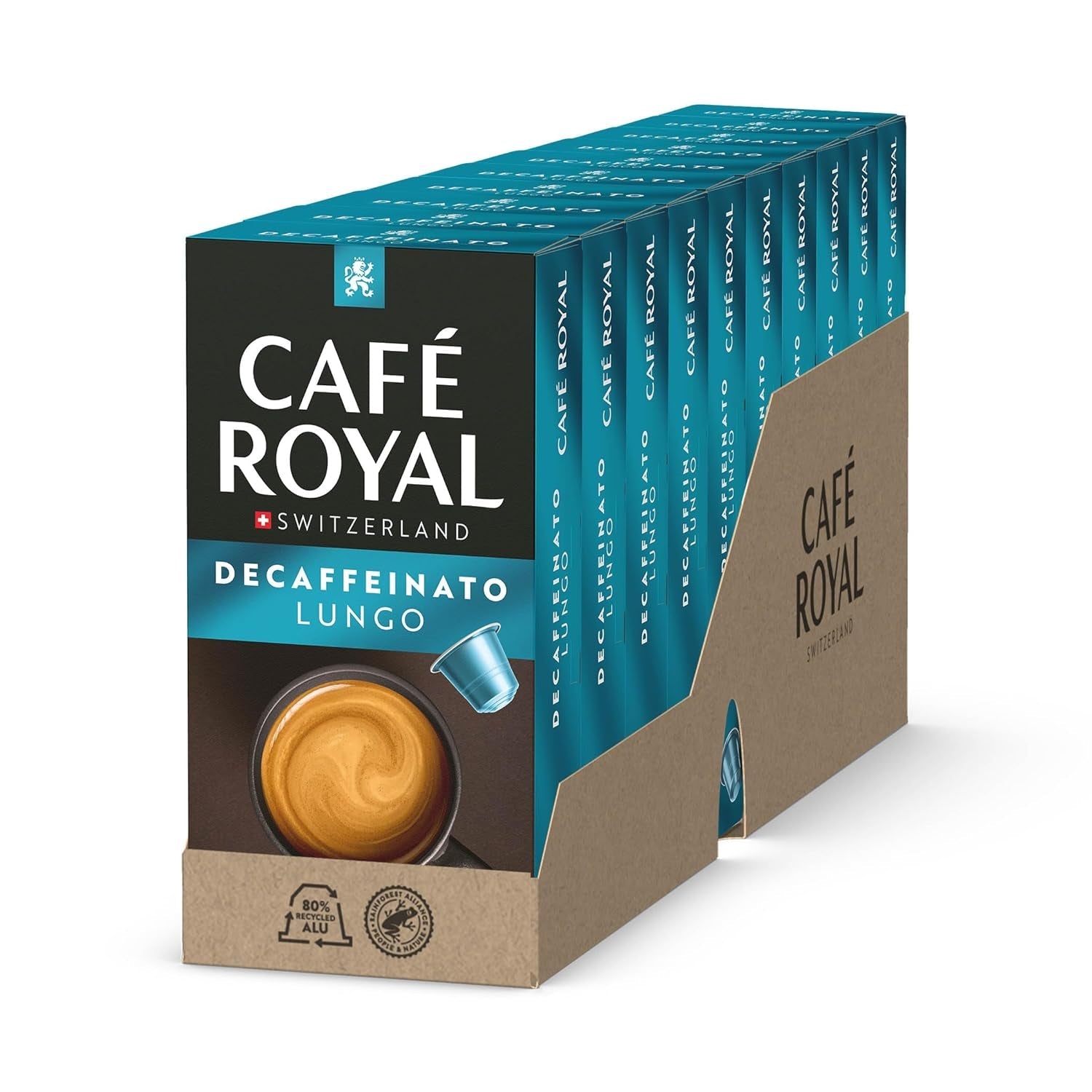 Café Royal Lungo Decaffeinato – Capsule di caffè compatibili Nespresso®, 100% Arabica, Intensità 5/12, Rainforest Alliance, decaffeinato, 100 capsule