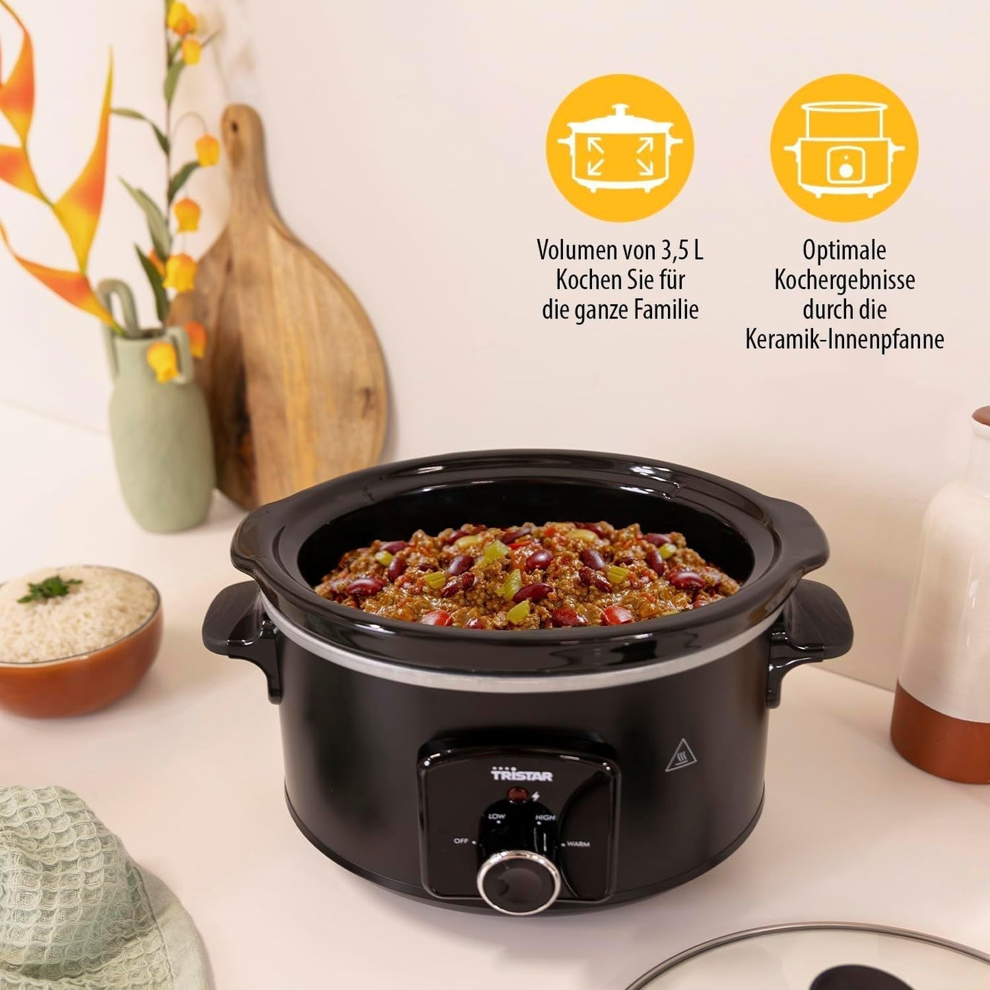 Pentola a cottura lenta Tristar VS-3915, pentola in ceramica e acciaio inox con 2 impostazioni di calore e funzione di mantenimento in caldo, Pentola a cottura lenta da 3,5 L Naty Shop