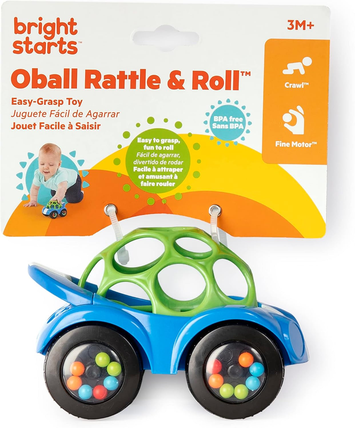 Bright Starts Oball Sonaglio Macchinina Giocattolo per attività motoria per neonati e bambini piccoli a partire da 3 mesi 1 pezzo Colore casuale Blu o Rosso Giocattoli per bambini Naty Shop