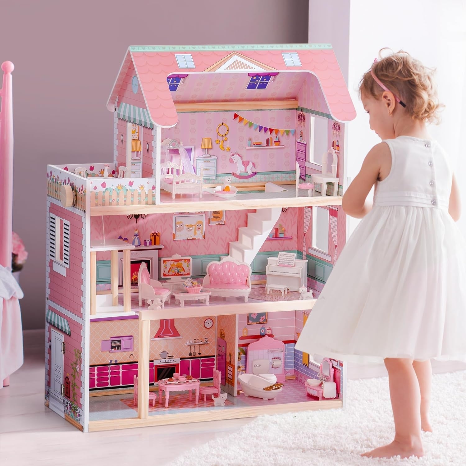 ROBUD Casa delle bambole in legno per bambini, casa delle bambole, giocattolo, regalo per ragazze e ragazzi di 3 4 5 6 anni