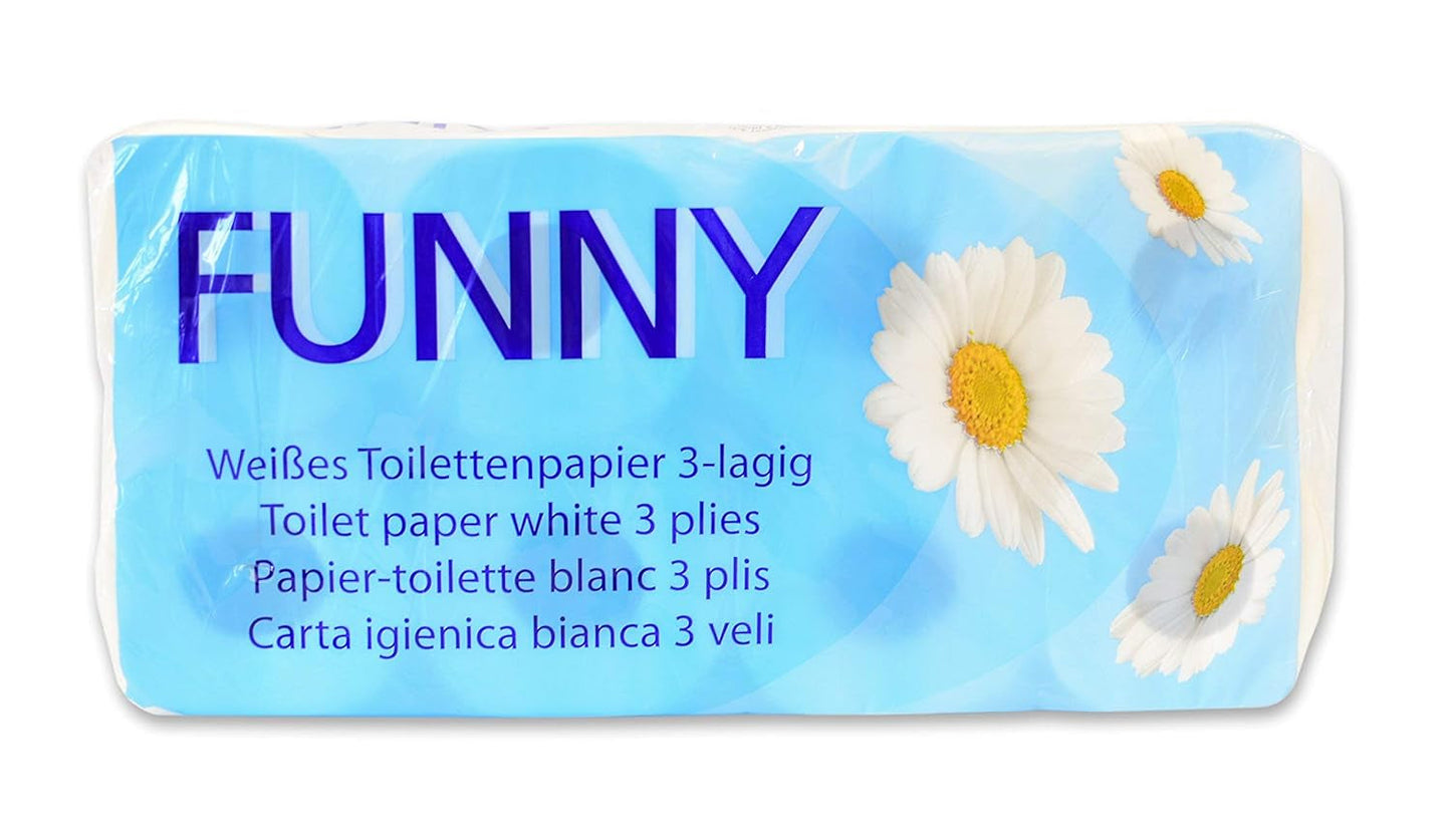 Carta igienica divertente AG-014, 3 veli, 250 fogli, 9,5 cm x 11 cm, bianco, confezione singola da 8 rotoli
