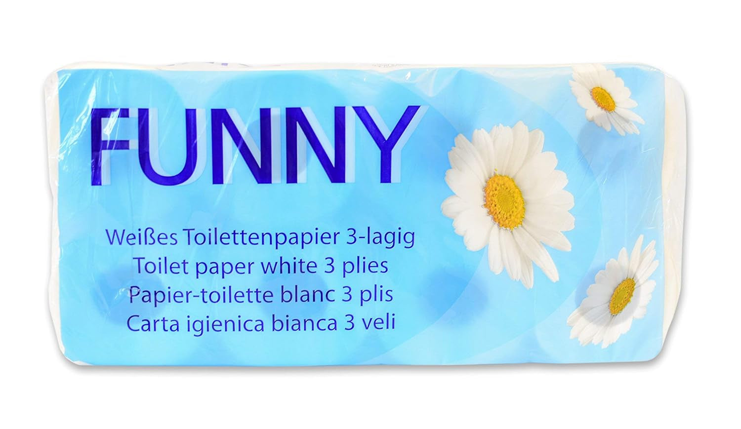 Carta igienica divertente AG-014, 3 veli, 250 fogli, 9,5 cm x 11 cm, bianco, confezione singola da 8 rotoli