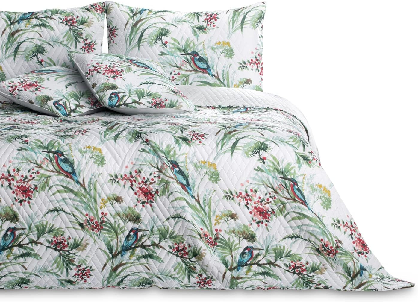Ameliahome Copriletto Copriletto 260X280 Cm Due Lati Trapuntatura Easy Care Motivo vegetale Motivo uccelli Multicolor Kingfisher Letti e coperte Besuche den AmeliaHome-Store Kingfisher 260 X 280