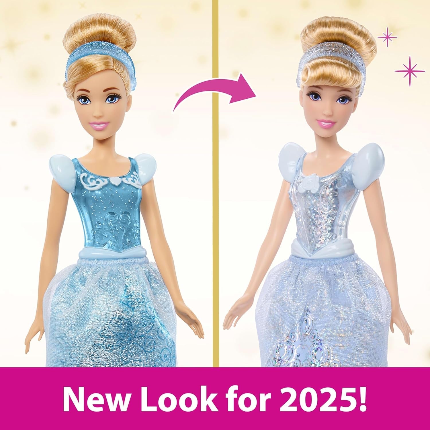 Mattel DISNEY Principessa Cenerentola - Bambola articolata con abito scintillante, scarpe e tiara staccabili, capelli pettinati per uno styling divertente, per bambini dai 3 anni in su, HLW06