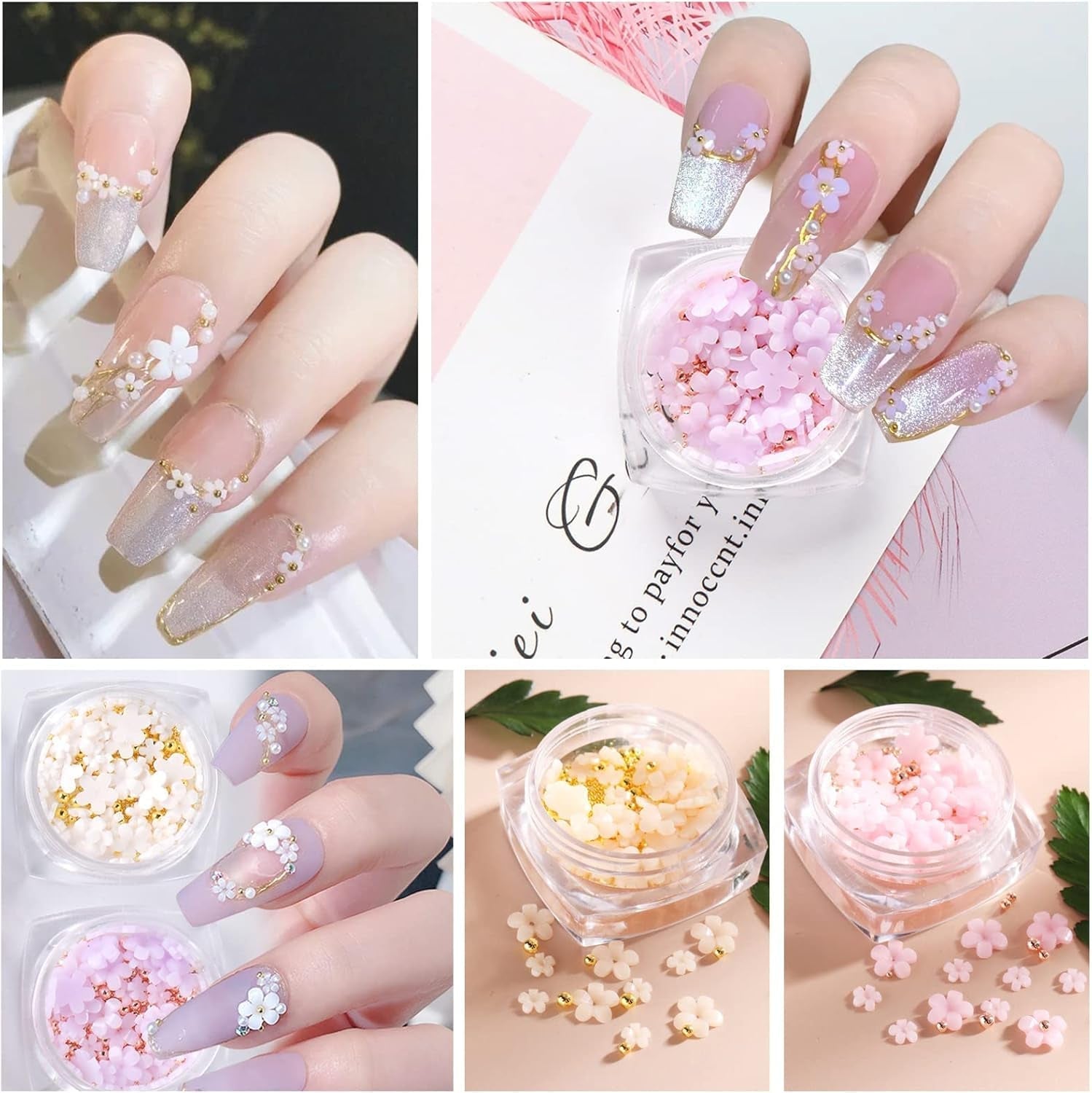 6 scatole di ciondoli di creazione di fiori 3D, decorazioni di fiori in acrilico con strass in oro e decorazioni in argento, pietre preziose, gioielli per ragazze, donne, design fai da te, decorazioni per bastoncini...