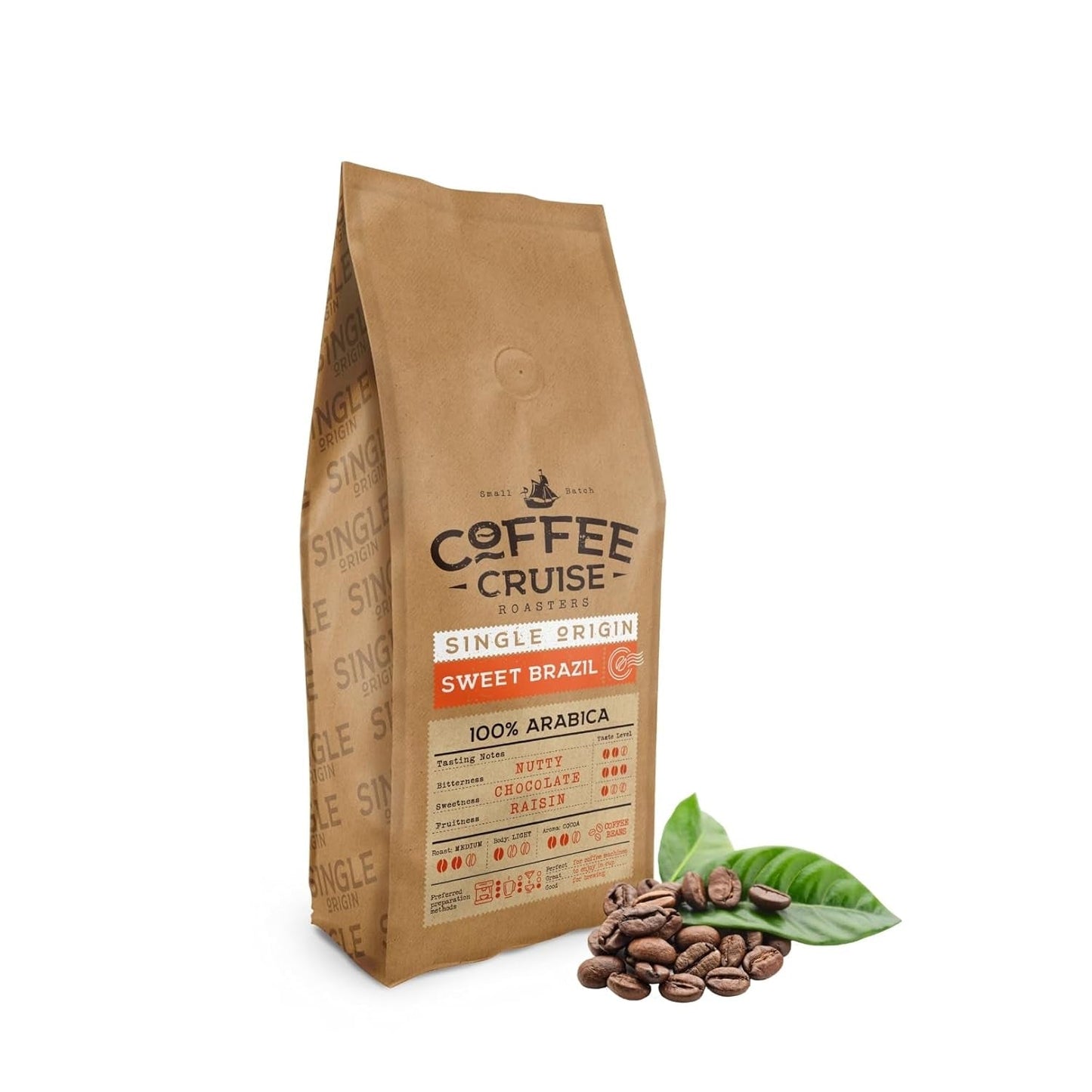 COFFEE CRUISE Sweet Brazil Brasilianische Kaffeebohnen 1kg - Mittlere Röstung - Aroma Kakao und Schokolade - Für All Kaffeemaschinen - 100% Arabica