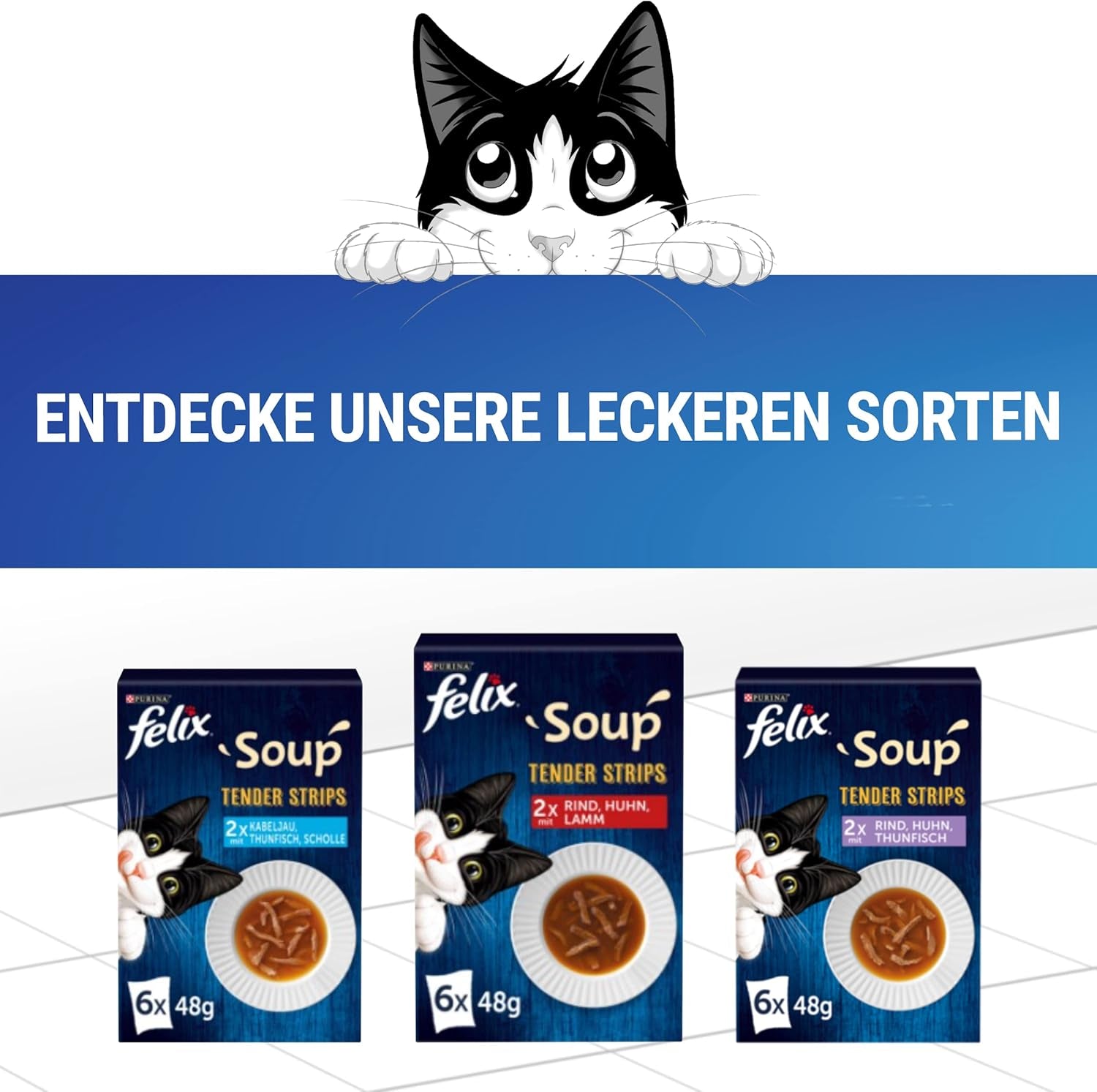 Strisce di zuppa Felix, zuppa di gatti, varietà mista, confezione da 8 (8 x 6 bustine da 48 g ciascuna)