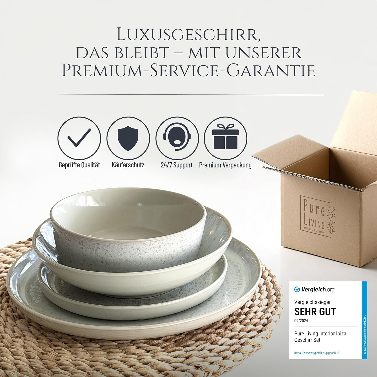 Servizio stoviglie 48 pezzi in gres ceramica per 12 persone, design Ibiza, VINCITORE DEL TEST. Uno splendido set di stoviglie mediterranee in gres ceramico comprensivo di ciotole e piatti. Servizio da tavola Pure Living, beige.