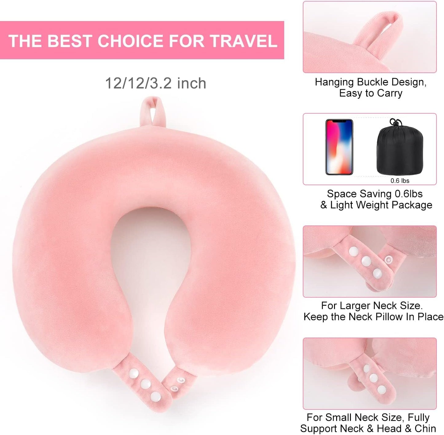 TALLGO Cuscino da Viaggio per Collo, Miglior Cuscino per Aereo in Memory Foam per Poggiatesta, Morbido Cuscino Regolabile per Aereo, Auto e Casa, Cuscini Ortopedici Cervicali Rosa Naty Shop
