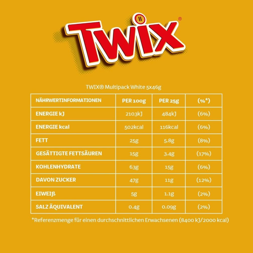 Tavolette di cioccolato bianco Twix; caramello, biscotti, cioccolato bianco; confezione multipla di cioccolatini; 5 barrette (5 x 46 g)