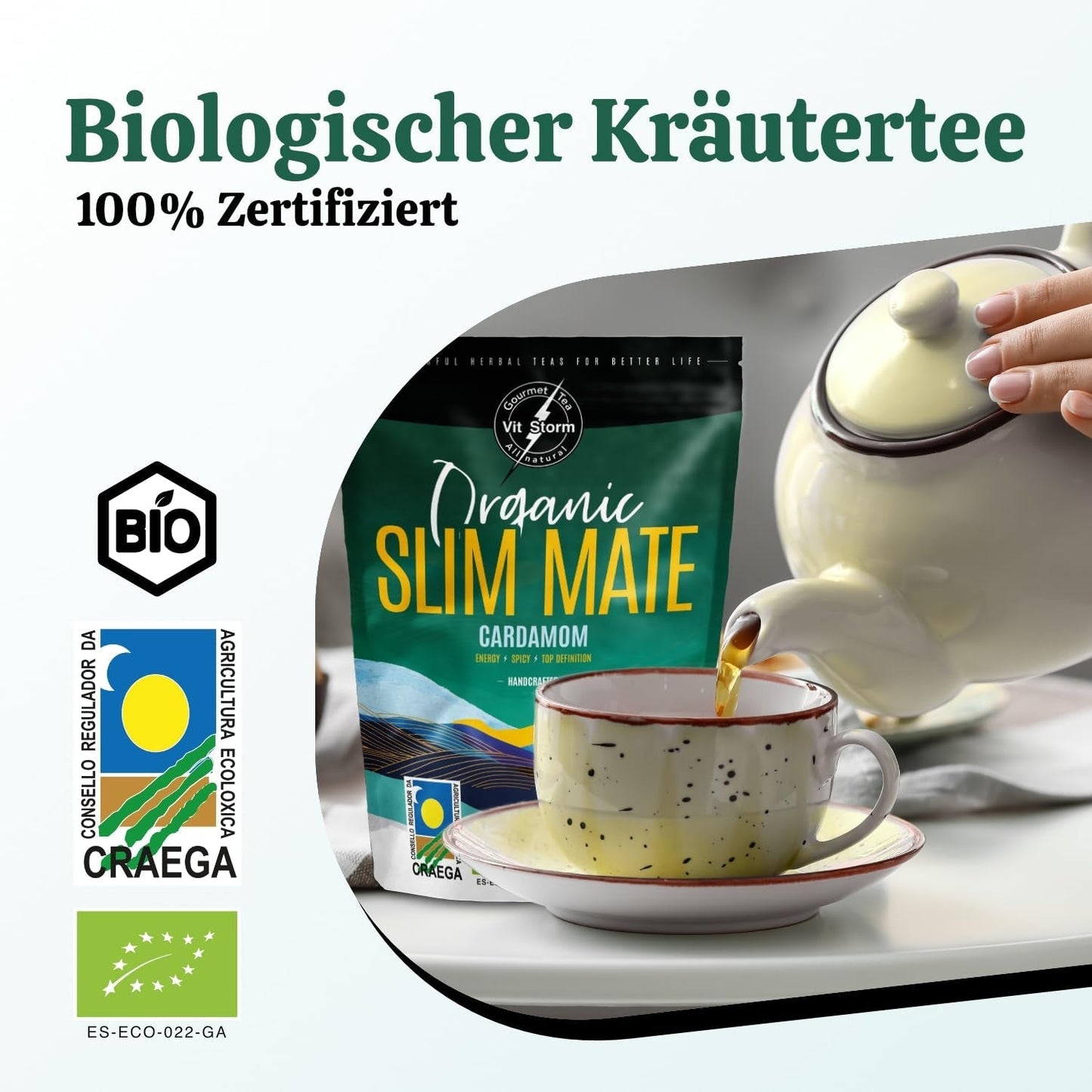 VITSTORM® Slim Tea Cardamom – Tè Yerba Mate BIO – Tè disintossicante e diuretico – 100G