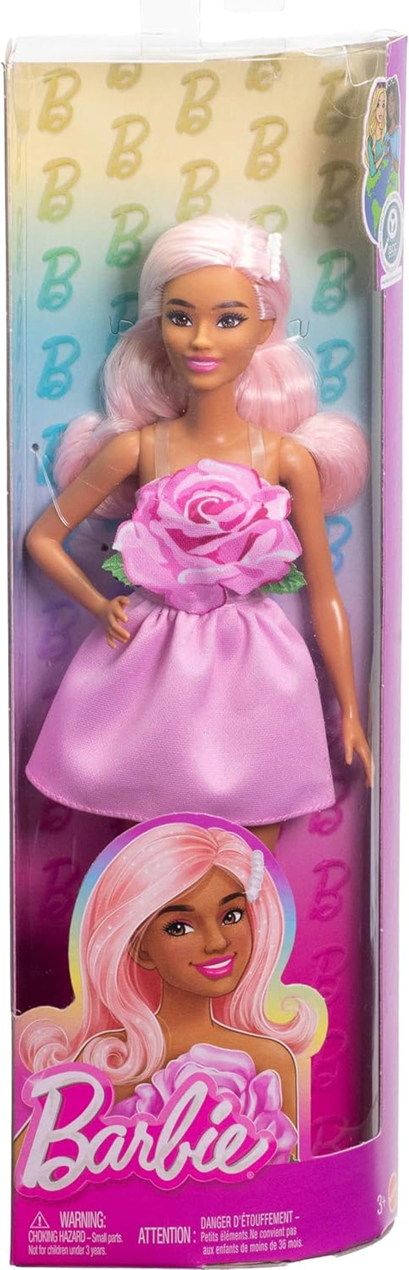 Bambola Barbie Fashionistas n. 238 con capelli rosa pastello, vestito senza spalline con top rosa, fermaglio per capelli con perle e tacchi alti con listini, HYT94 Naty Shop Dolls