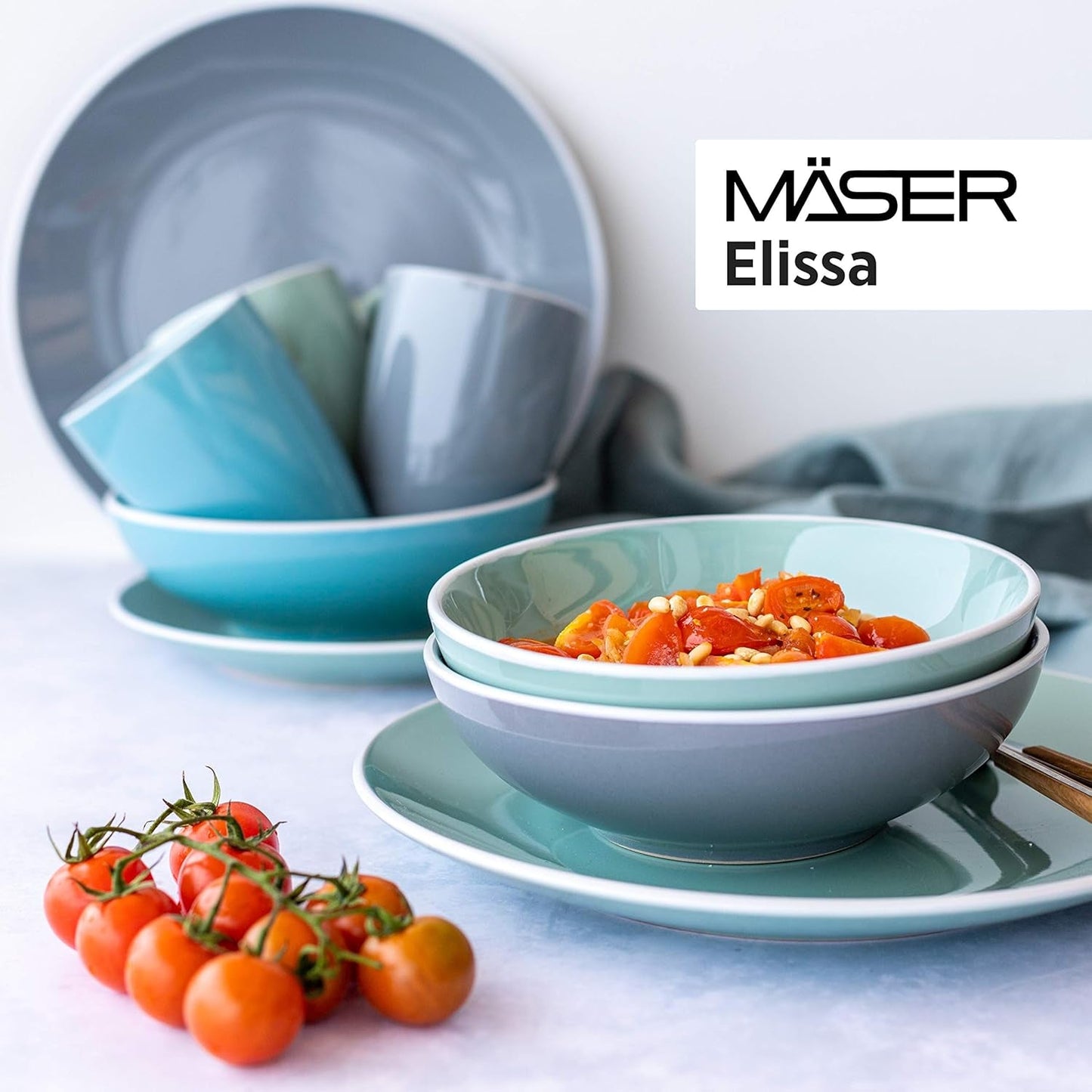 MÄSER 931844 Set di stoviglie moderne serie Elissa per 6, blu con bordo bianco, set combinato da 24 pezzi, ceramica