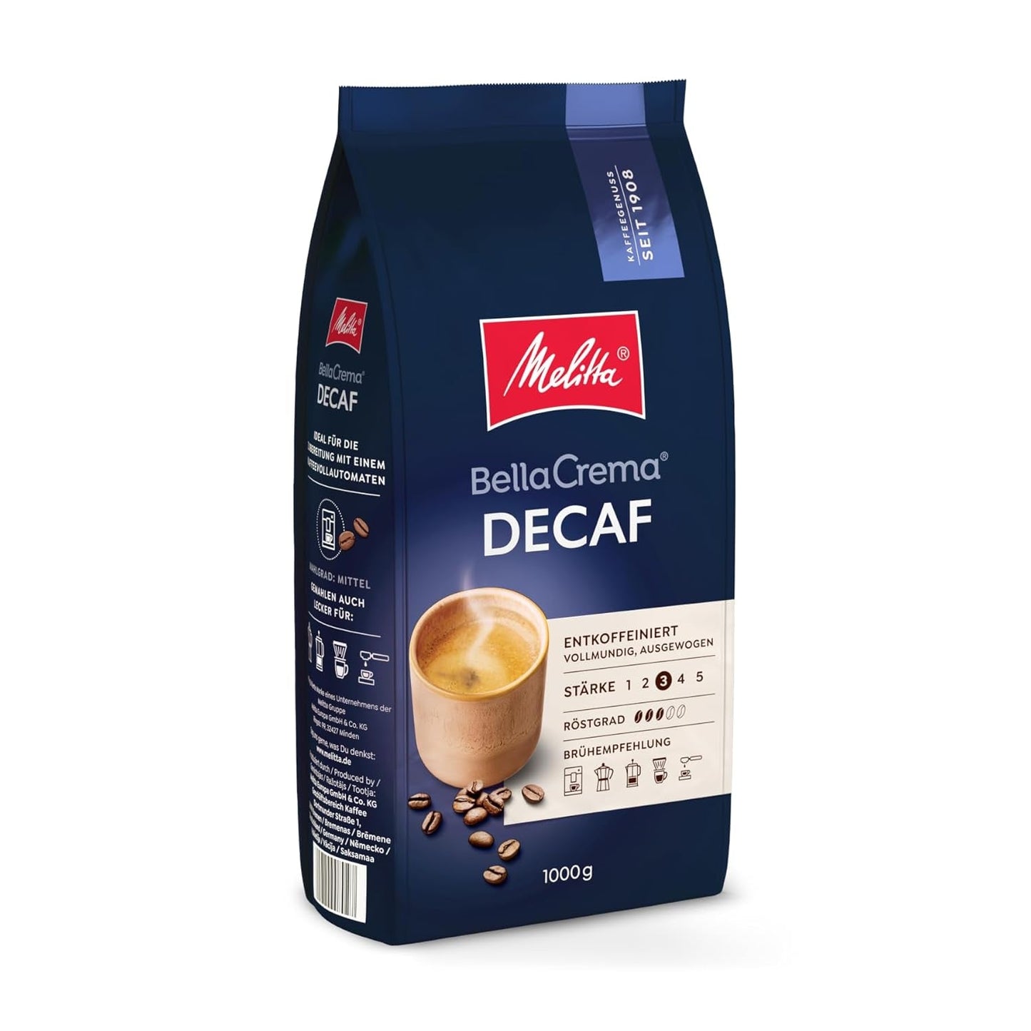Melitta BellaCrema Decaf Ganze Kaffee-Bohnen entkoffeiniert 1kg, ungemahlen, Kaffeebohnen für Kaffee-Vollutomat, keaffeinfrei, Milde Röstung, geröstet in Deutschland, Stärke 3