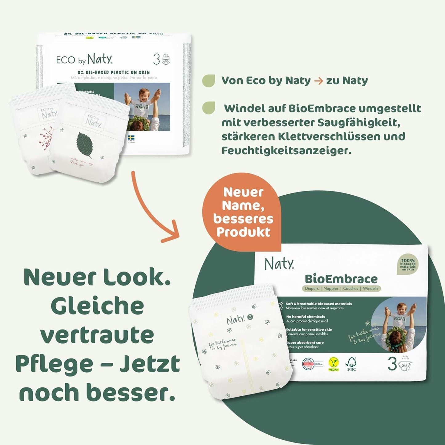 Pannolini per bambini Naty BioEmbrace, taglia 3 (4–9 kg) | Materiali 100% vegetali, delicati sulla pelle | Morbidezza traspirante, dermatologicamente testato, ottimo assorbimento | 100 pezzi.