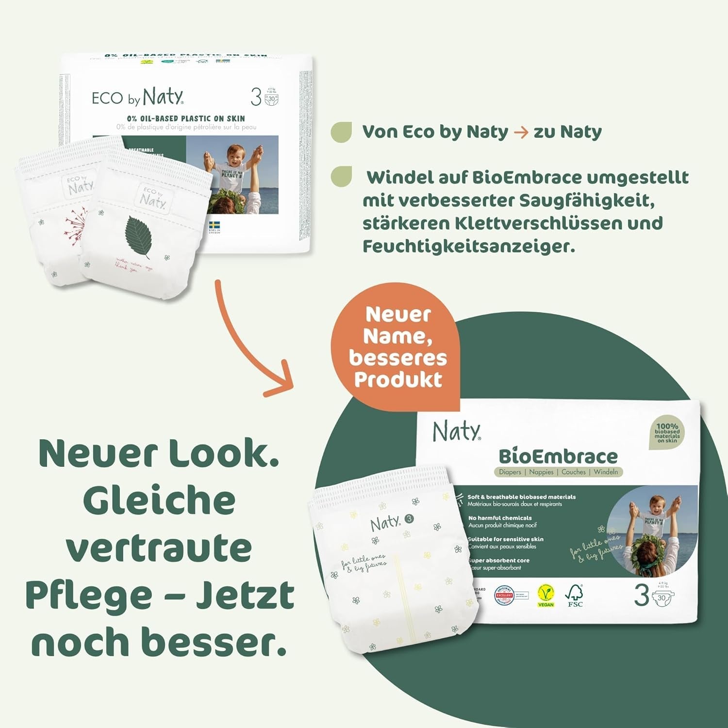 Pannolini per bambini Naty BioEmbrace, taglia 3 (4–9 kg) | Materiali 100% vegetali, delicati sulla pelle | Morbidezza traspirante, dermatologicamente testato, ottimo assorbimento | 100 pezzi.