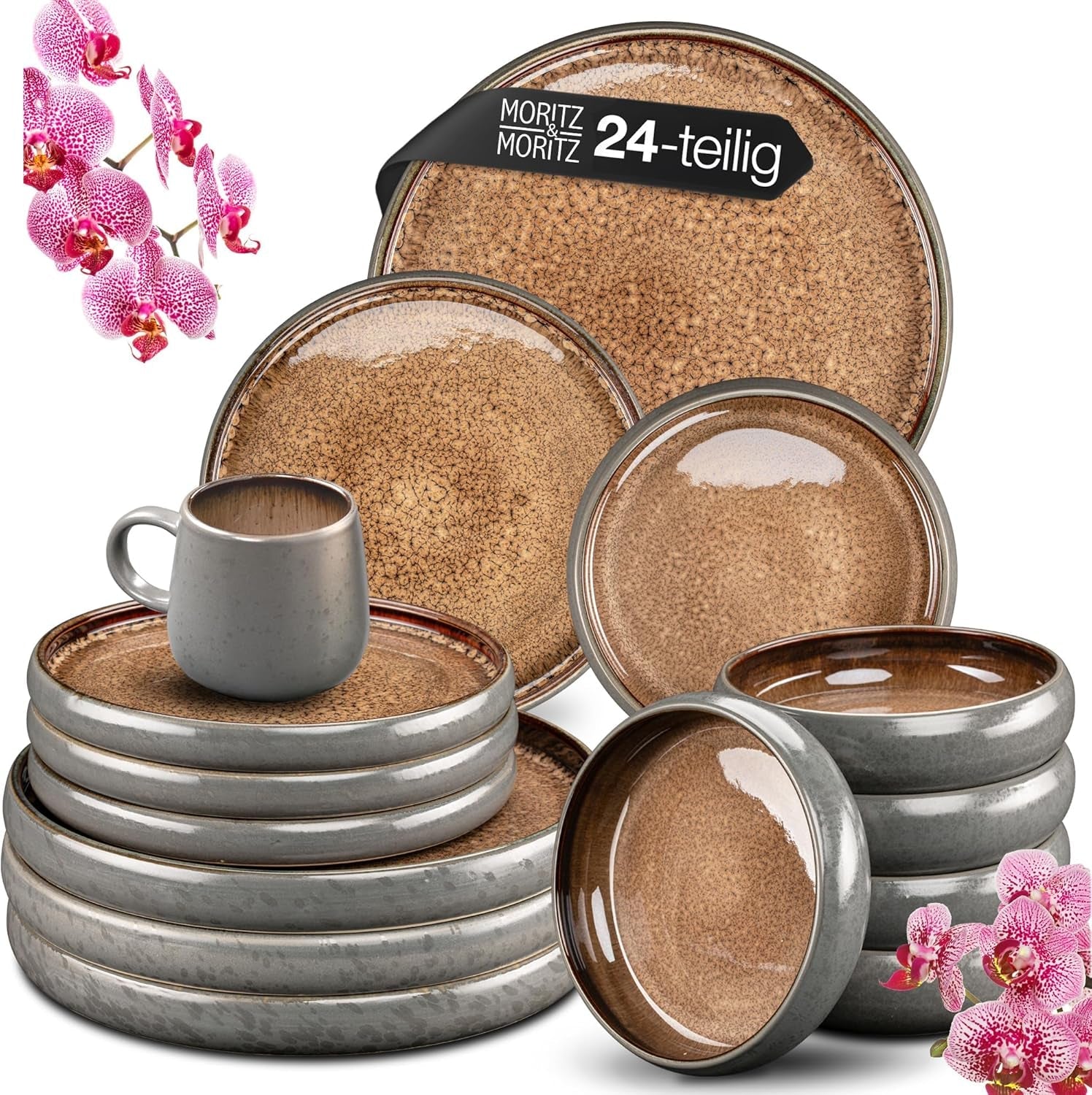 Moritz & Moritz SOLID Servizio stoviglie stoneware 24 pezzi per 6 - servizio stoviglie per 6 composto da 6 piatti piani, 6 piattini, 6 piatti piani e 6 tazze con manici