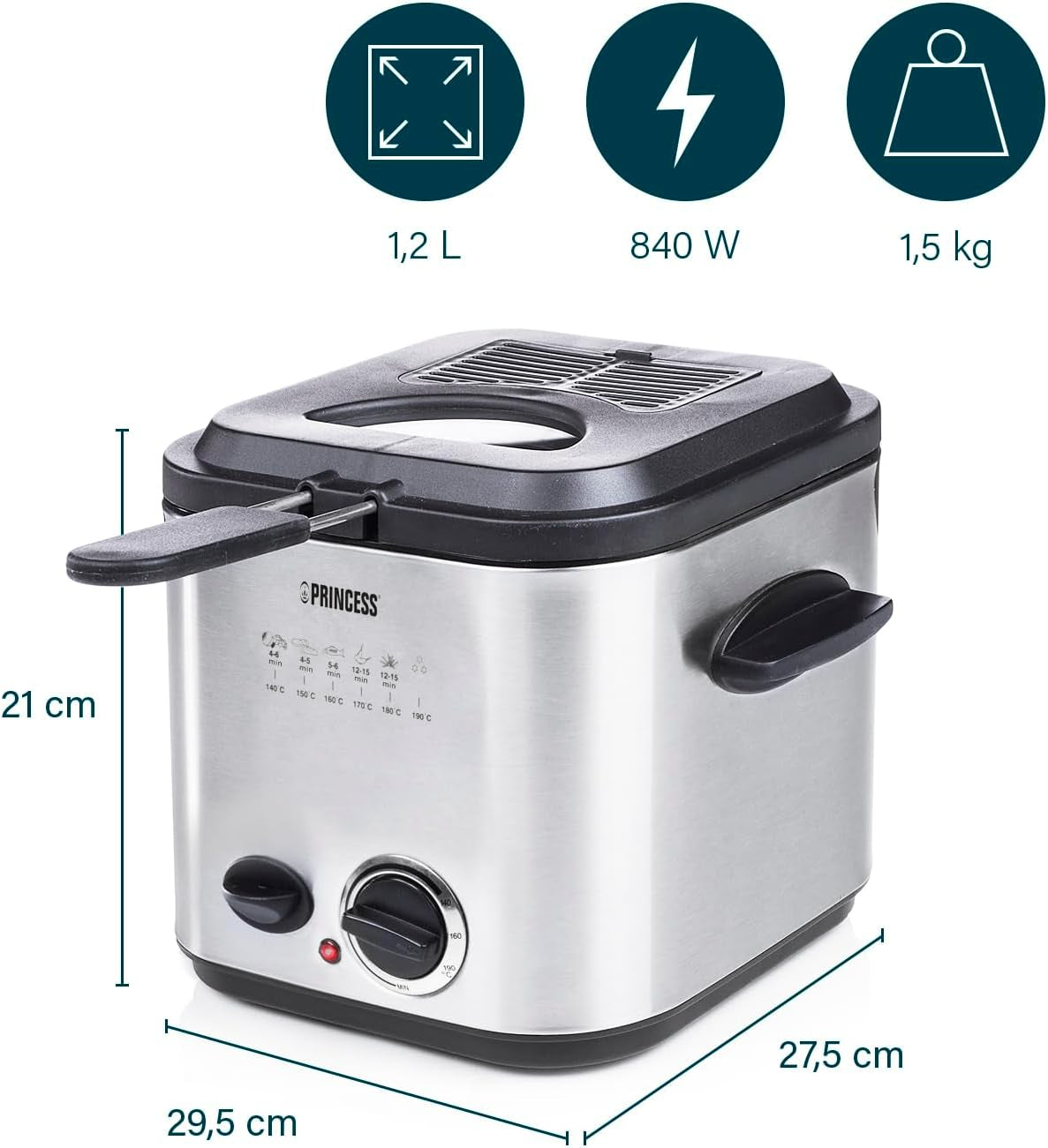 Mini friggitrice per fonduta Princess 182611 - Riscaldamento rapido - Filtro antiodore - Capacità 1,2 litri, Argento Elettrodomestici Naty Shop