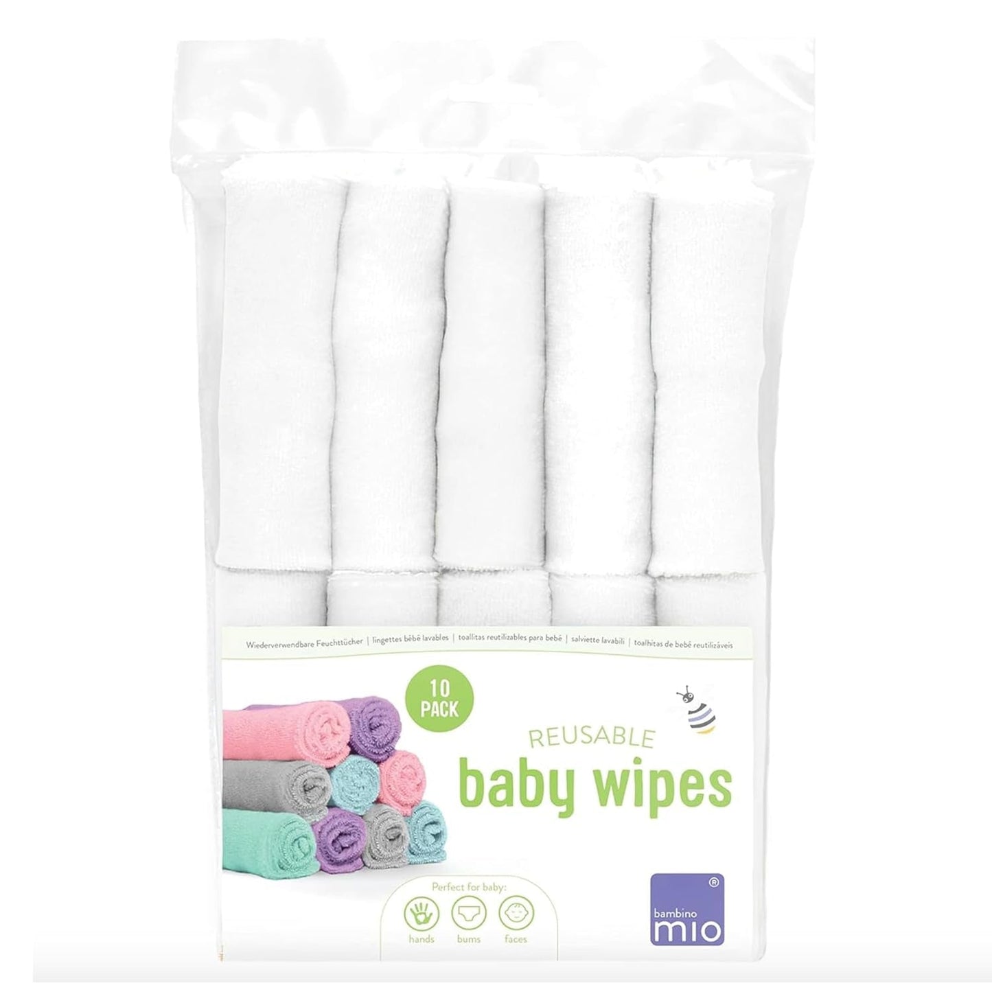 Salviette per neonati riutilizzabili Bambino Mio - Basic - Ecologiche, senza sostanze chimiche, fronte-retro, lavabili, confezione da 10, nuvola - La confezione può variare