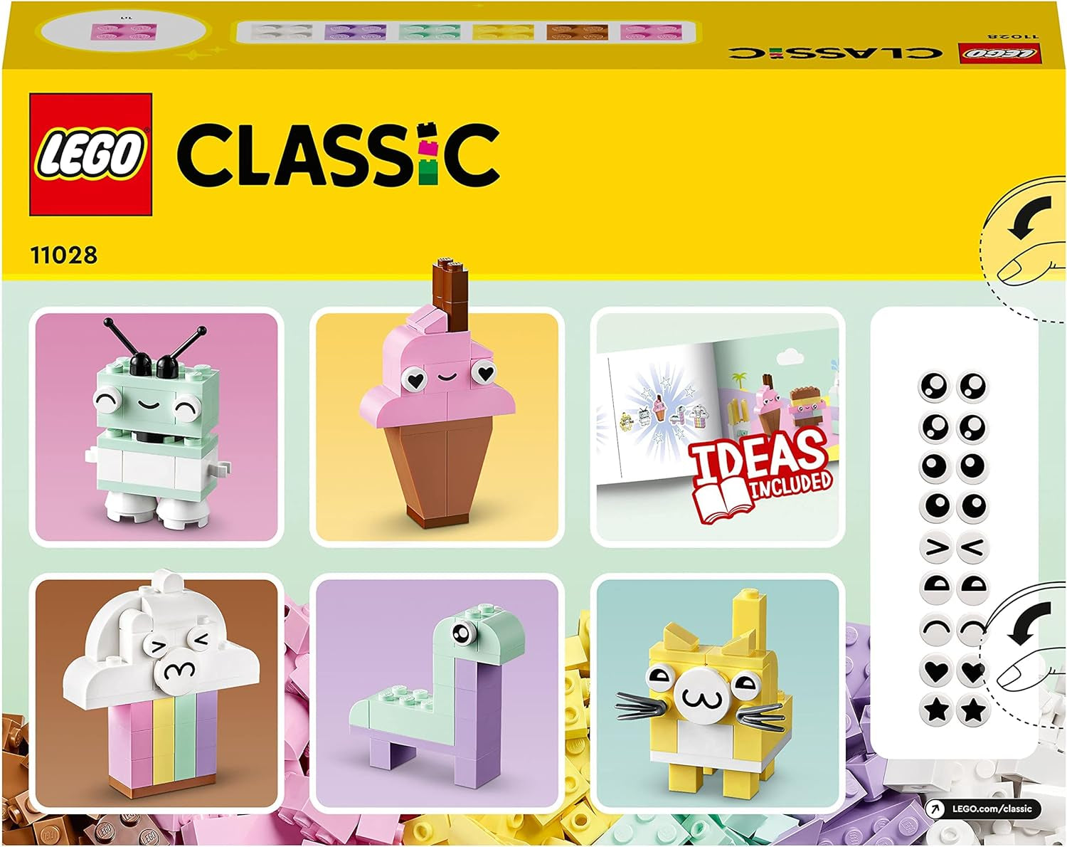 LEGO 11028 Classico set da costruzione creativo pastello Scatola di mattoncini, giocattolo da costruzione per ragazze e ragazzi dai 5 anni in su con modelli; gelato, dinosauro, gatto e altro ancora Set da costruzione Acquista il negozio LEGO
