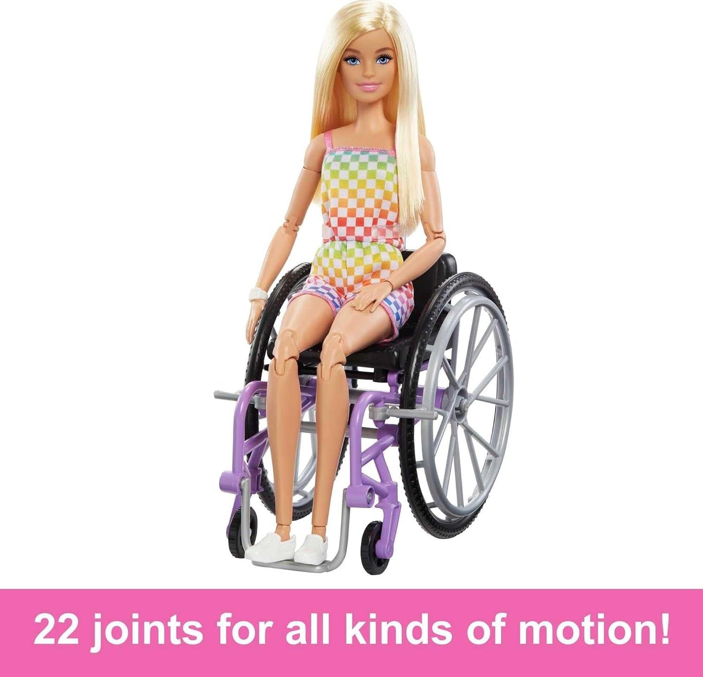Bambola Barbie Fashionista, capelli biondi e tuta arcobaleno, sedia a rotelle e rampa incluse, bambola regalo per bambini, giocattolo per bambini dai 3 anni in su, HJT13