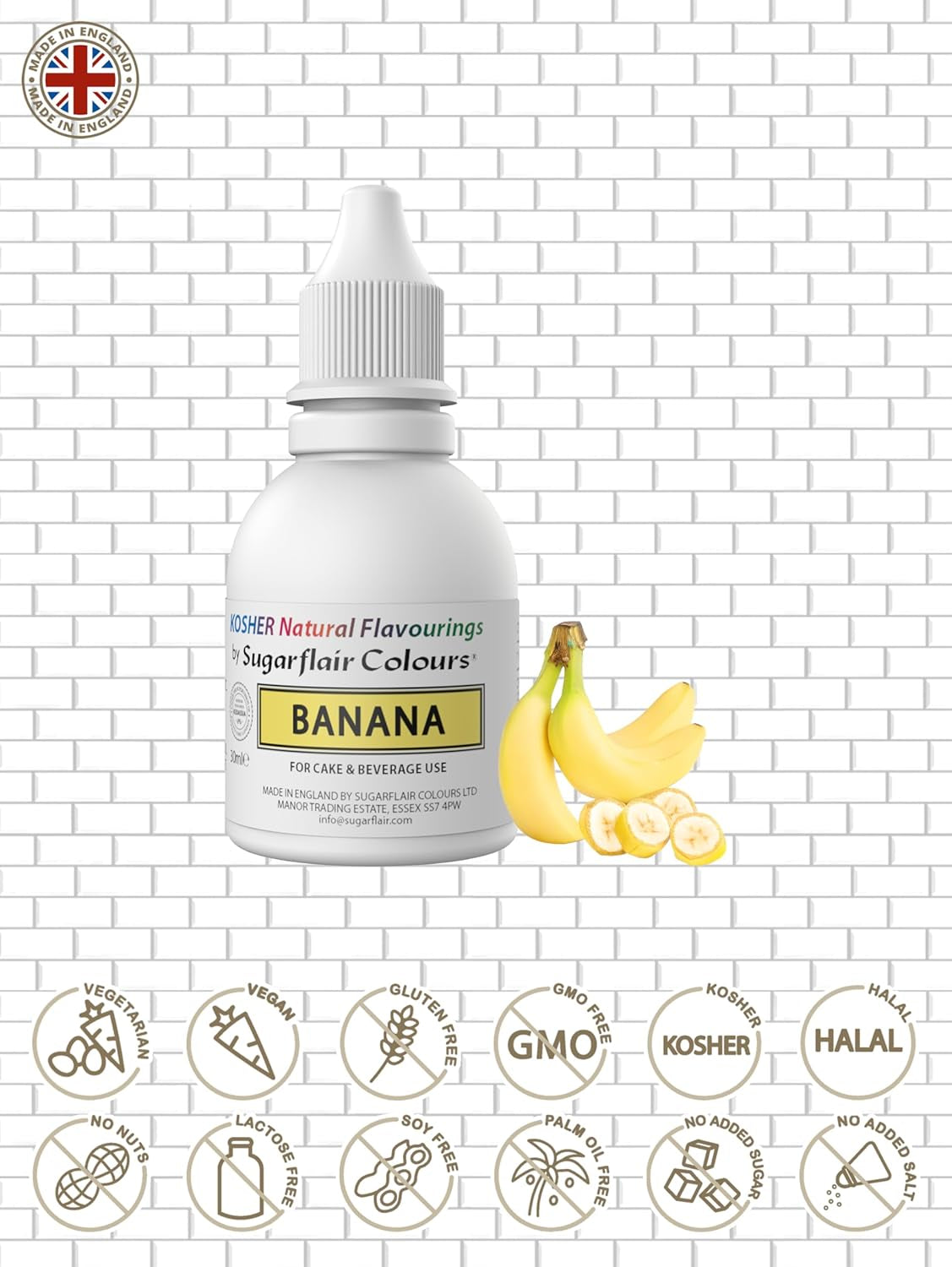 Sugarflair Kosher Banana Natural Food Flavor Gocce dal sapore intenso per torte, muffin, glasse, bevande, gelati - 100% sapore naturale - 30 ml