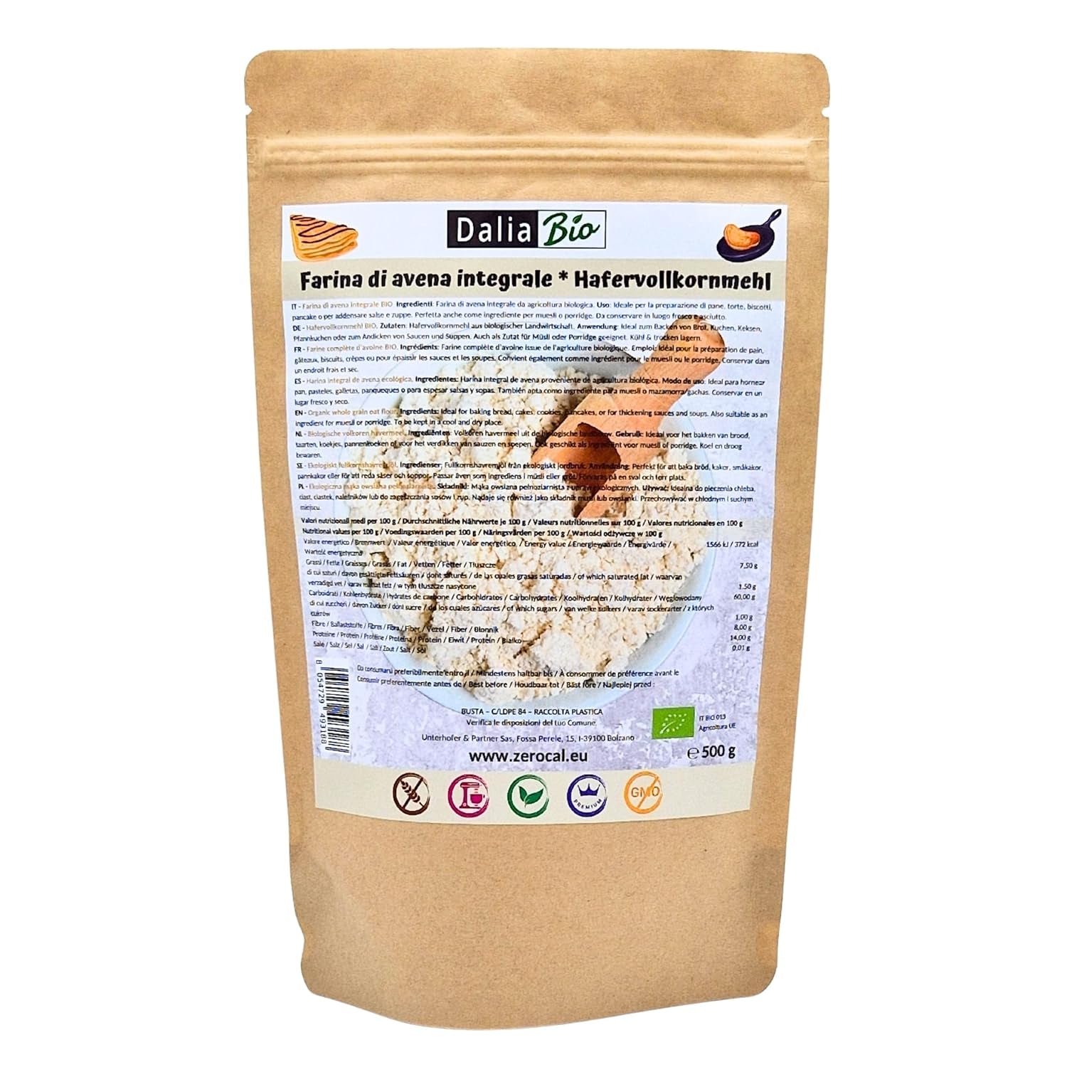 Dalia - Farina di Avena Integrale Bio 500g | Senza glutine | Ricco di fibre e proteine ​​Origine: Italia | Per pane, torte, porridge e ricette fitness | Qualità premium