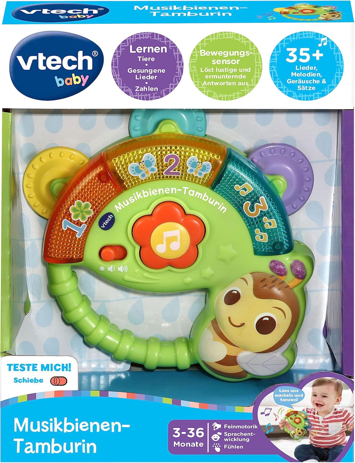 Vtech Baby Musical Bee Tamburello - Giocattolo musicale con numeri, suoni divertenti, frasi e canzoni - Per bambini dai 3 ai 36 mesi Baby Toys Naty Shop