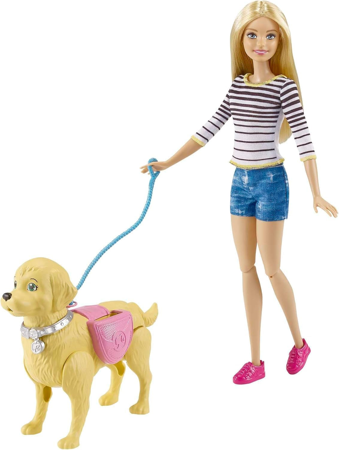 Barbie bambola con vasino e passeggio, bambola bionda con cane che cammina, cucchiaio per la cacca, accessori tra cui cane bambola, regalo per bambini, giocattolo da 3 anni in su, DWJ68