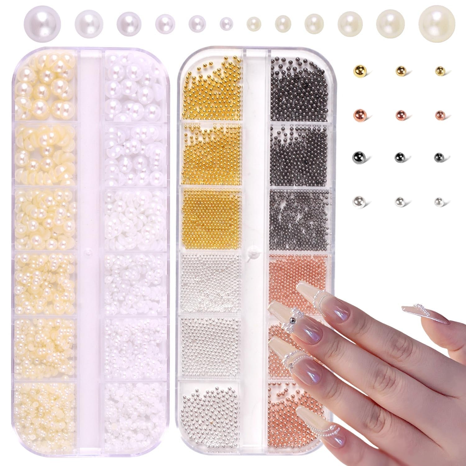 GZMAYUEN Nail Art Perle Micro Caviar Per Nägel, 0.3-3Mm Goldene Silber Mini Caviar Strasssteine, Weiß Beige Mini Nägel Perle Mikroperlen Dekor Per Nägel