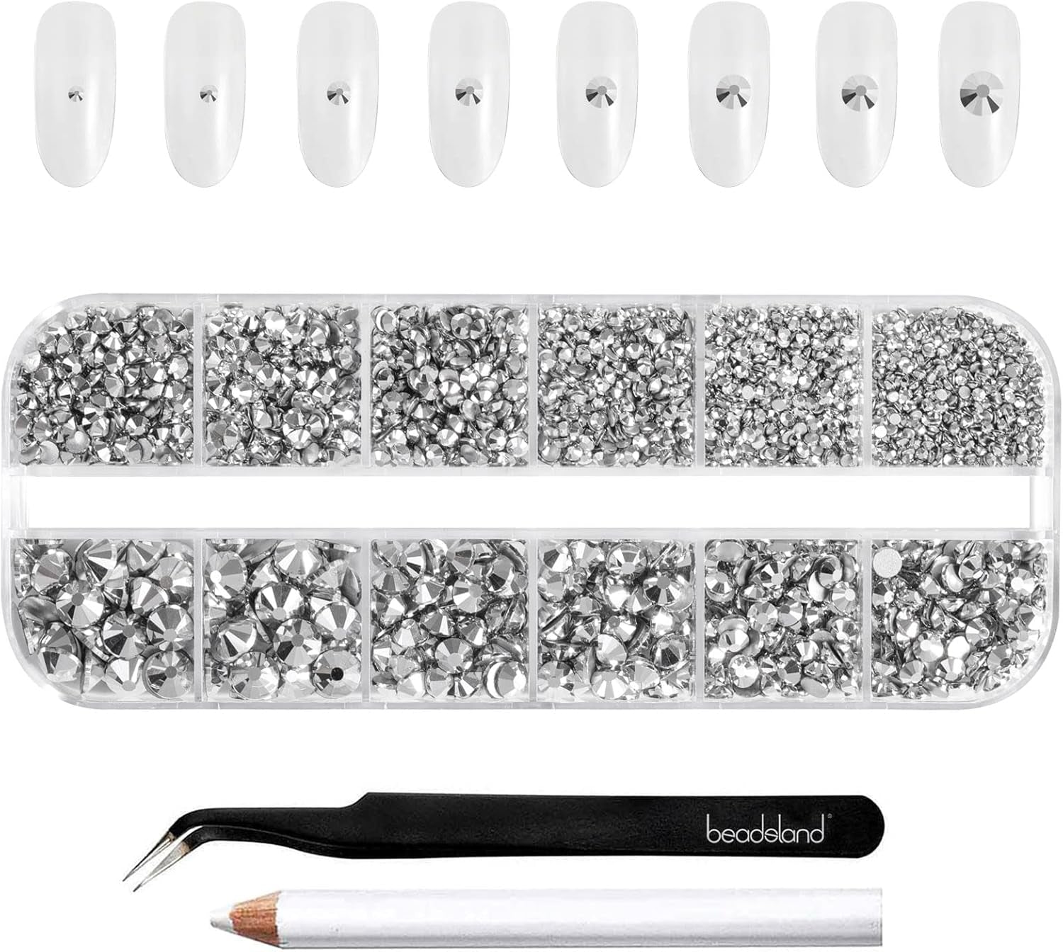 Beadsland 2500 pezzi di vetro per nail art strasssteine ​​​​Kristall Flatback Edelsteine ​​​​Runde, ​​für Handwerk Gemischt 8 Größen SS4 ~ SS30 con picking Pinzette e Stift (Kristall Weiss)