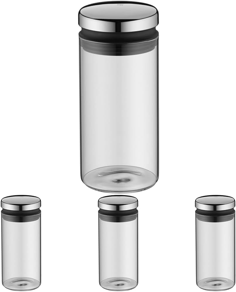 WMF Depot Barattolo in Vetro da 1 L, Altezza 21,5 cm, Barattolo con Coperchio, Contenitore per caffè in grani, Barattolo per Cereali, Barattolo per Alimenti con Ampia Apertura di Riempimento (4 Pezzi) Naty Shop Scatole Singole per Alimenti da 1 Litro (4 Pezzi)