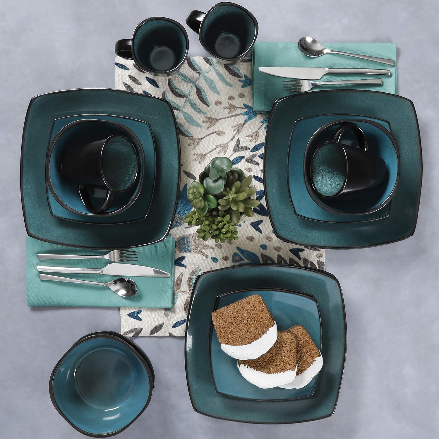 Gibson 99813.16R Elite Soho Lounge Reactive Glaze Set di stoviglie per 4 persone, 16 pezzi, effetto bicolore blu-verde/nero