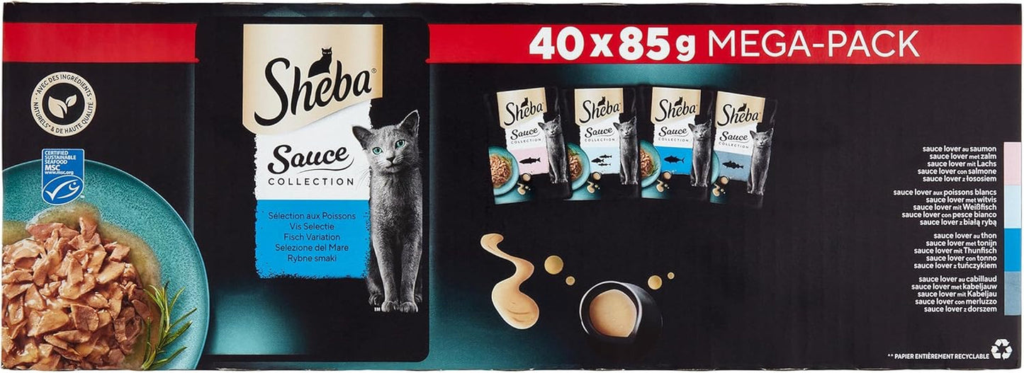 Sheba Sauce Collection Bustine Freschezza, Cibo umido, Selezione di Pesce per Gatti Adulti, 4 Varietà, 40 x 85g