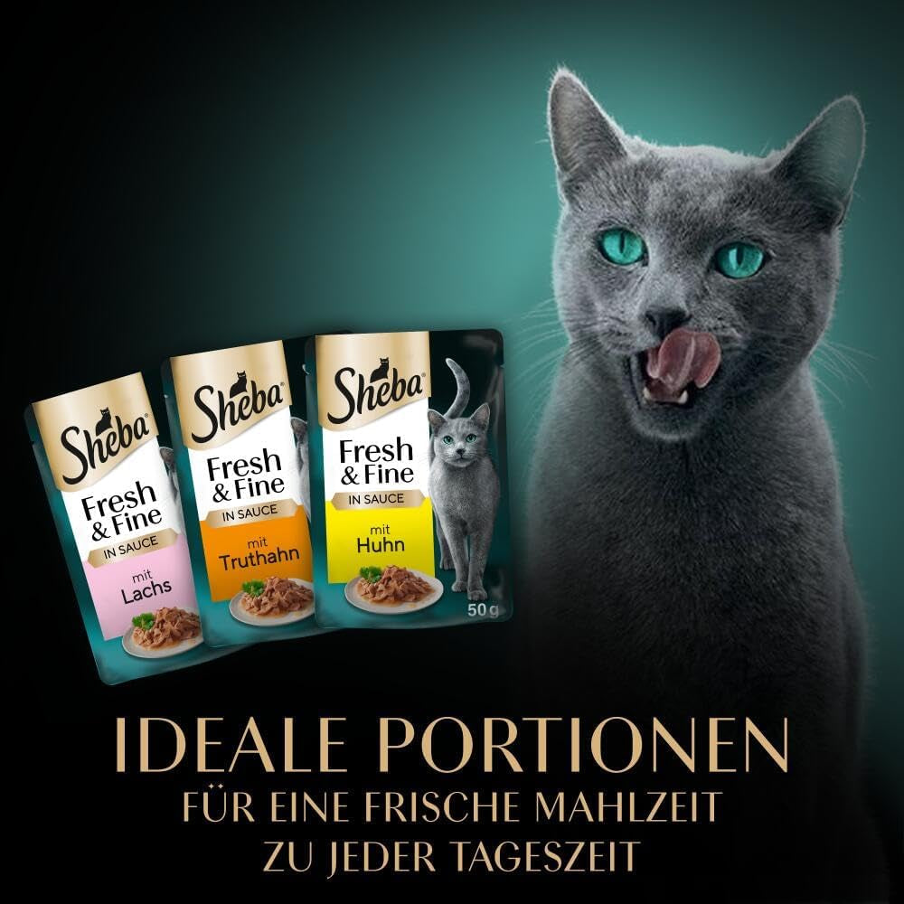 Sheba Portion Pouches Cibo umido per gatti, confezione multipack Fresh & Fine in salsa con pollo e salmone MSC, 6x6x50g - Piatti fini per gatti in salsa