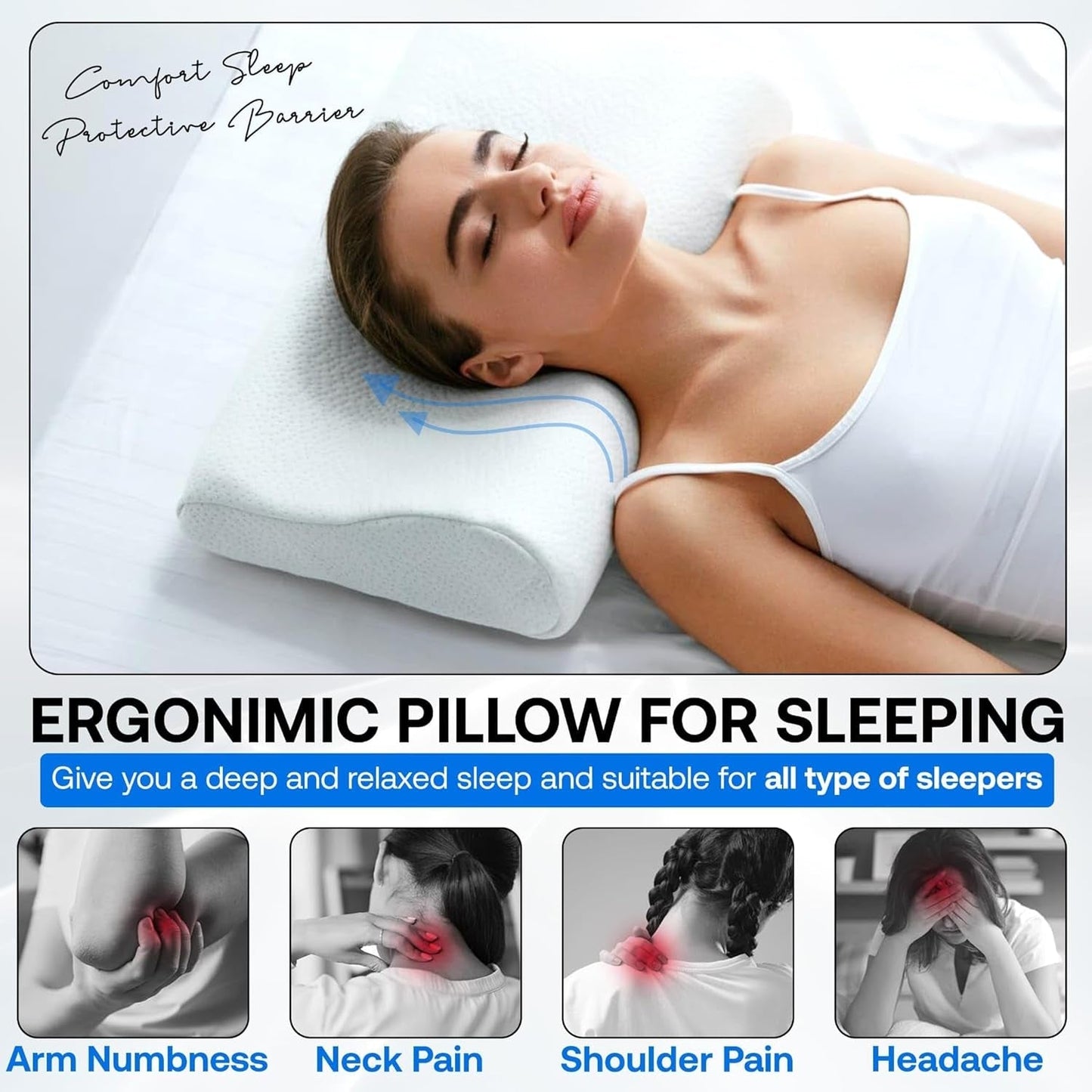 Cuscino ortopedico per supporto collo in memory foam - Cuscino ergonomico, cuscino antirussamento per chi dorme sul fianco, sulla pancia e sulla schiena, cuscino, 60 cm x 40 cm x 12 cm Cuscini ortopedici cervicali Naty Shop