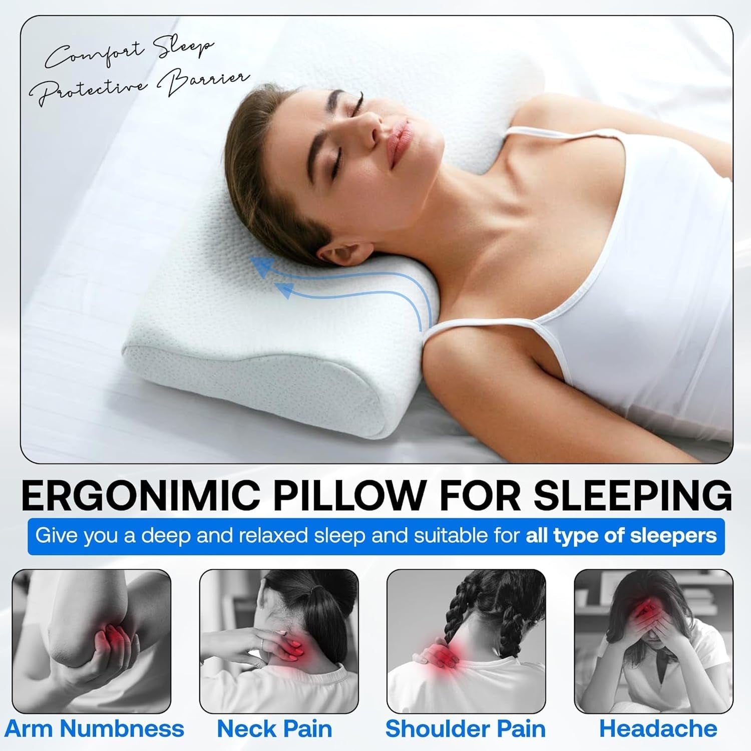 Cuscino ortopedico per supporto collo in memory foam - Cuscino ergonomico, cuscino antirussamento per chi dorme sul fianco, sulla pancia e sulla schiena, cuscino, 60 cm x 40 cm x 12 cm Cuscini ortopedici cervicali Naty Shop
