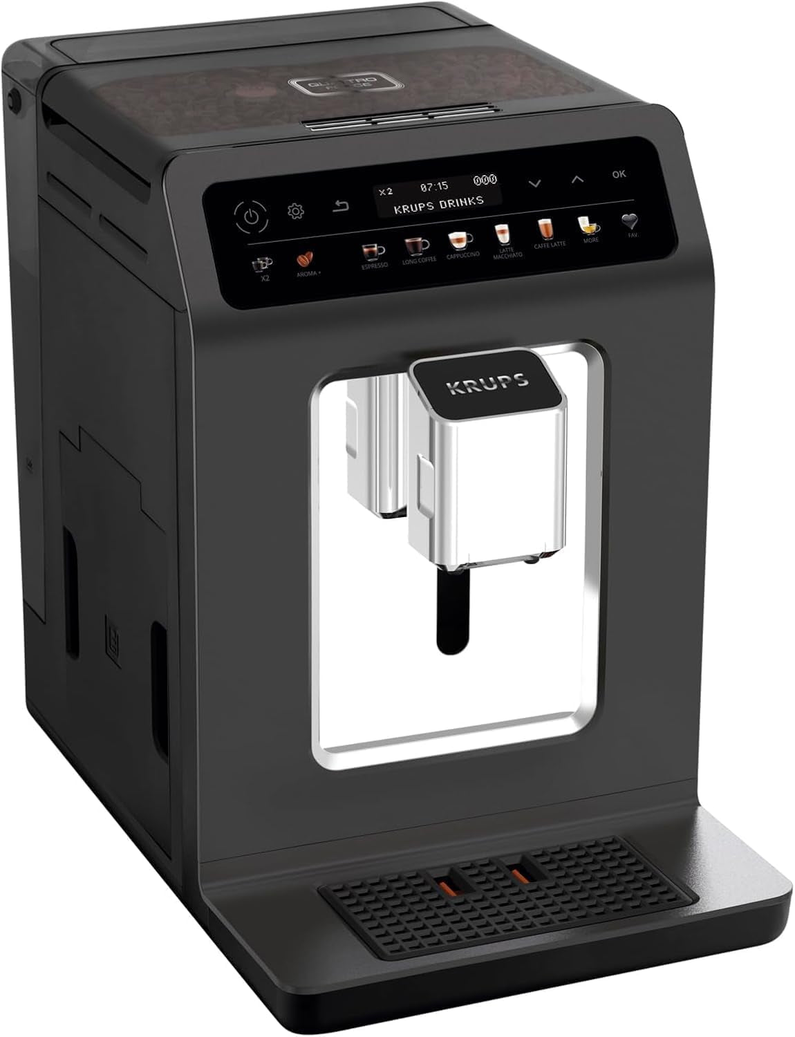 KRUPS Evidence One macchina per caffè espresso automatica con tubo per il latte, cappuccino one-touch, 12 bevande speciali, funzione 2 tazze, display a colori, macchina per caffè espresso, certificato TÜV, nero, EA895N10