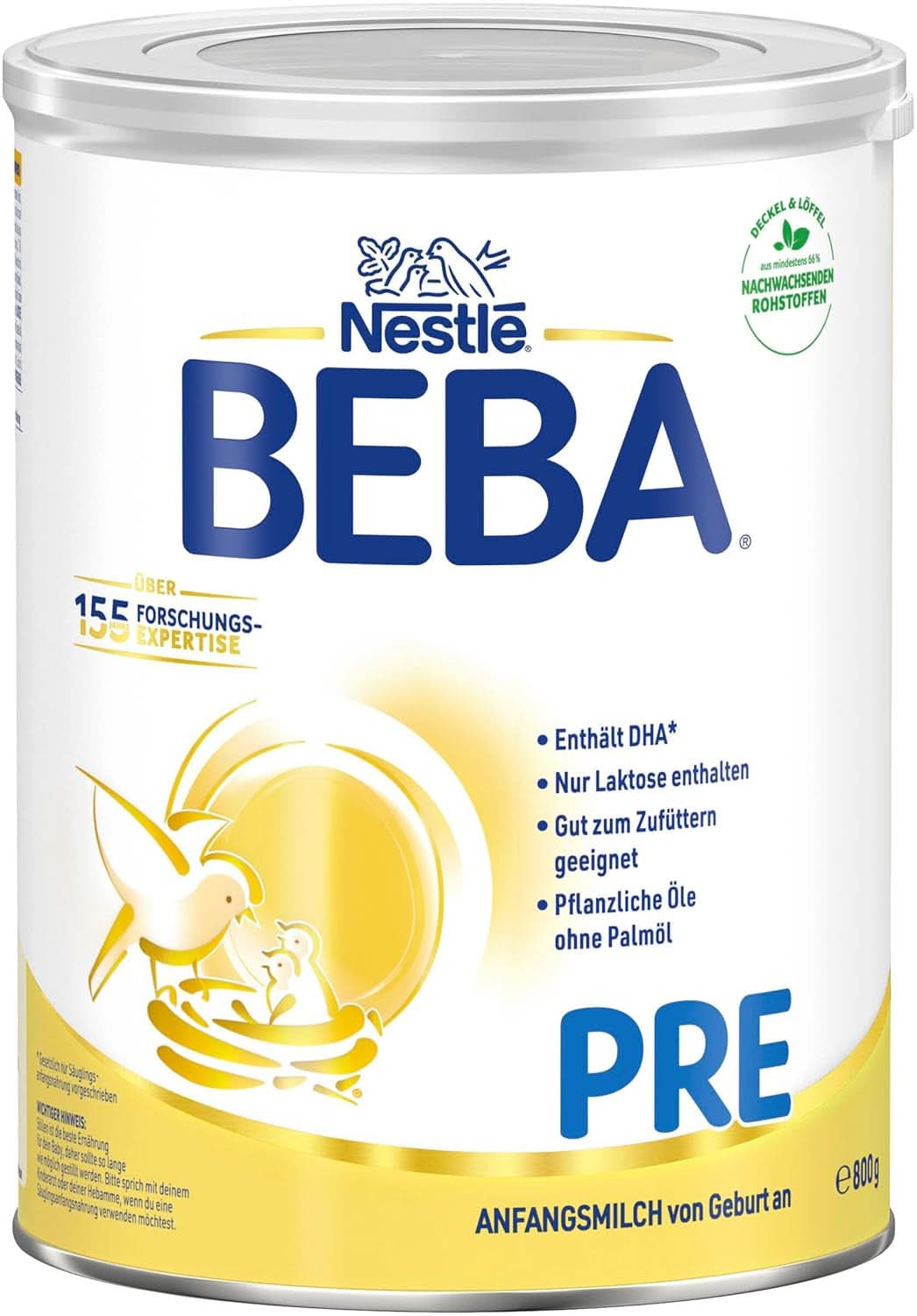 BEBA PRE Latte Iniziale dalla Nascita, Alimenti per Bambini con DHA, Solo Lattosio, Senza Olio di Palma, Confezione 3 (3 x 800g) Naty Shop