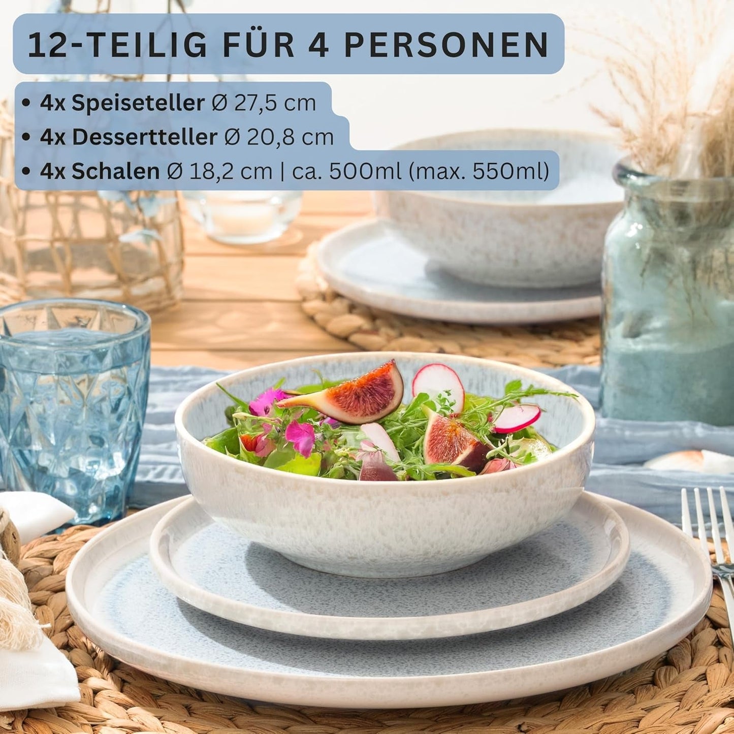 SANGER | Set di stoviglie Santorini da 12 pezzi Set di piatti per 4 persone Set di stoviglie in gres con valutazione MOLTO BUONA che comprende piatti piani, piatti da dessert e piatti Suma crema lilla sfumatura blu | LA COLLEZIONE PREMIUM